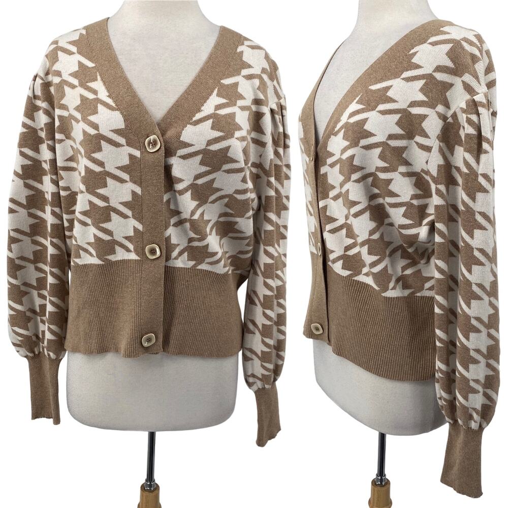 Joie Cardigan Sweater Houndstooth Pattern Pleated Puff Sleeve Beige White XL